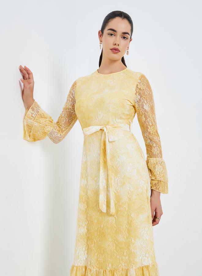 ستايلي فستان طويل من الدانتيل بحافة مكشكشة للنساء - Image 1